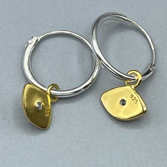 14k Gold Sterling Silver Tiny Hoop Evil Eye Earrings. - Picture 8 of 10